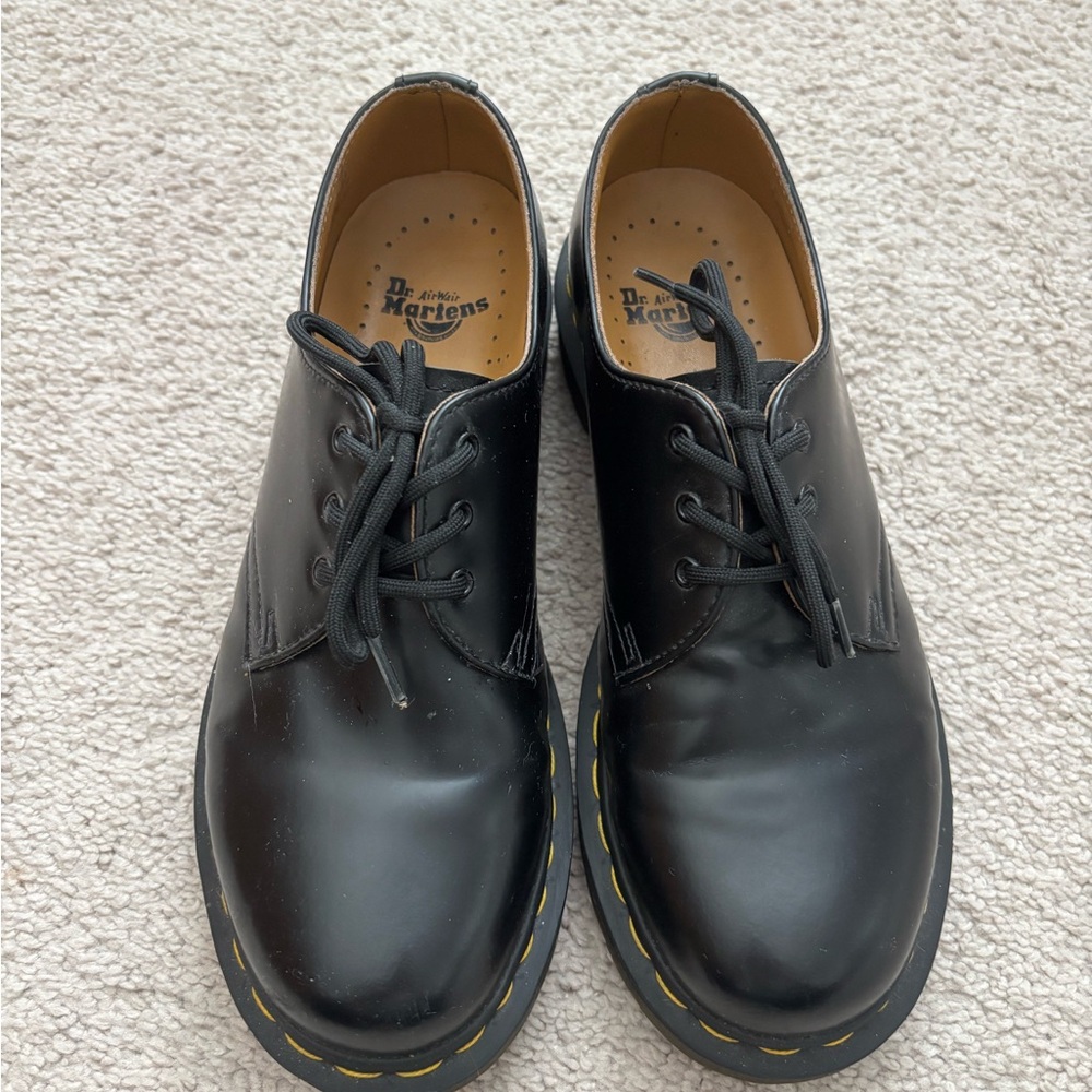 Dr. Martens Black Leather Flats with Yellow Stitching